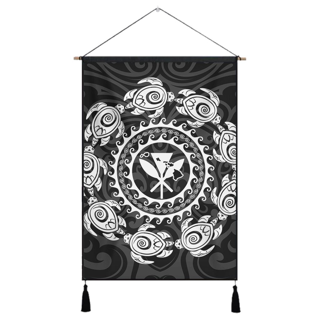 Hawaiian Map Kanaka Turtles Circle Style White Polynesian Hanging Poster - AH Hanging Poster Cotton And Linen - Polynesian Pride