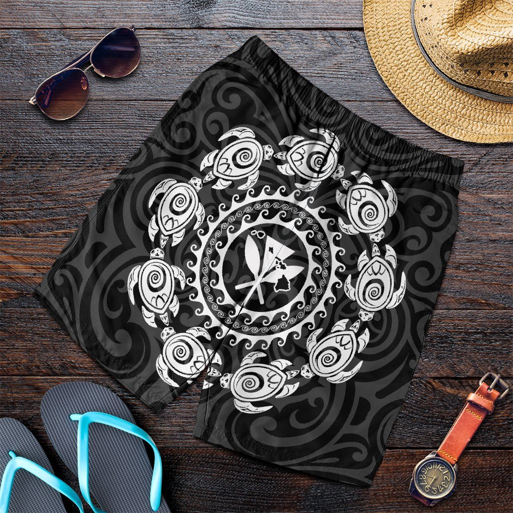 Hawaiian Map Kanaka Turtles Circle Style White Polynesian Men's Shorts - AH Art - Polynesian Pride