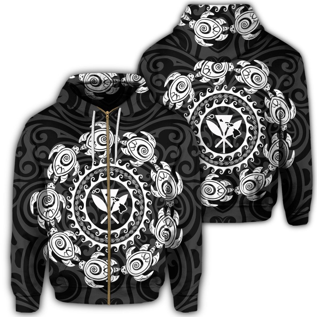 Hawaiian Map Kanaka Turtles Circle Style White Polynesian Zip Hoodie Unisex Art - Polynesian Pride