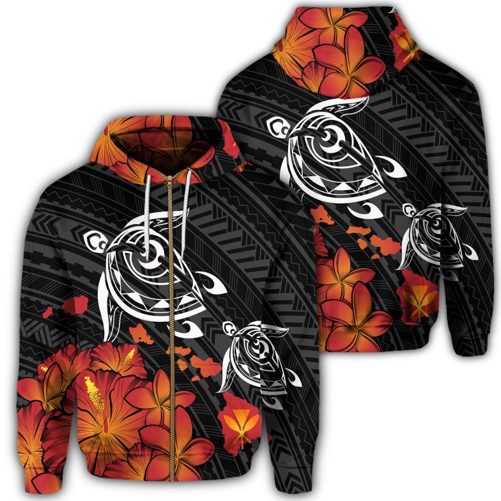 Hawaiian Map Kanaka Turtles Hibiscus Plumeria Zip Hoodie Unisex Art - Polynesian Pride