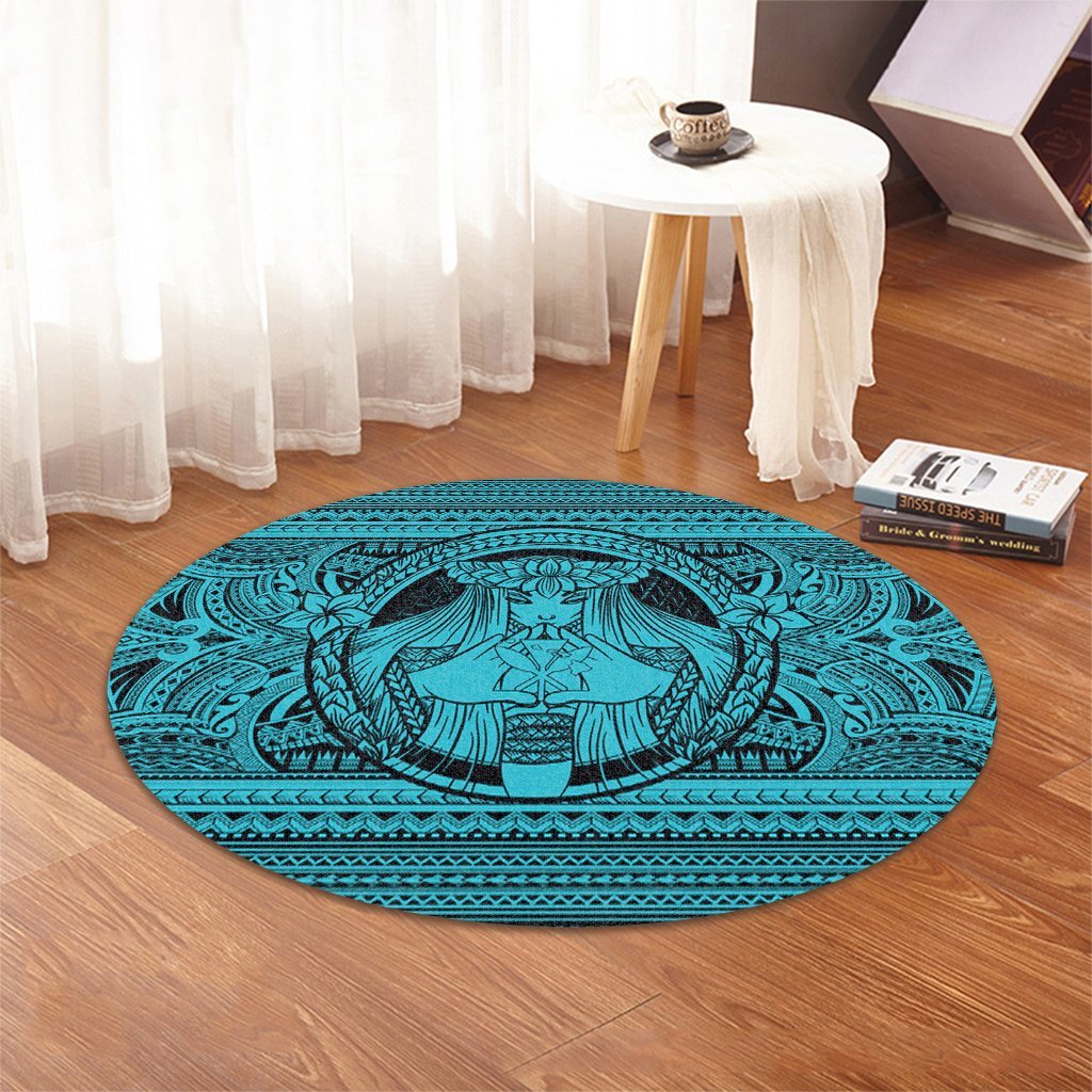 Hawaiian Map Madame Pele Kanaka Plumeria Polynesian Round Carpet Blue AH - Polynesian Pride