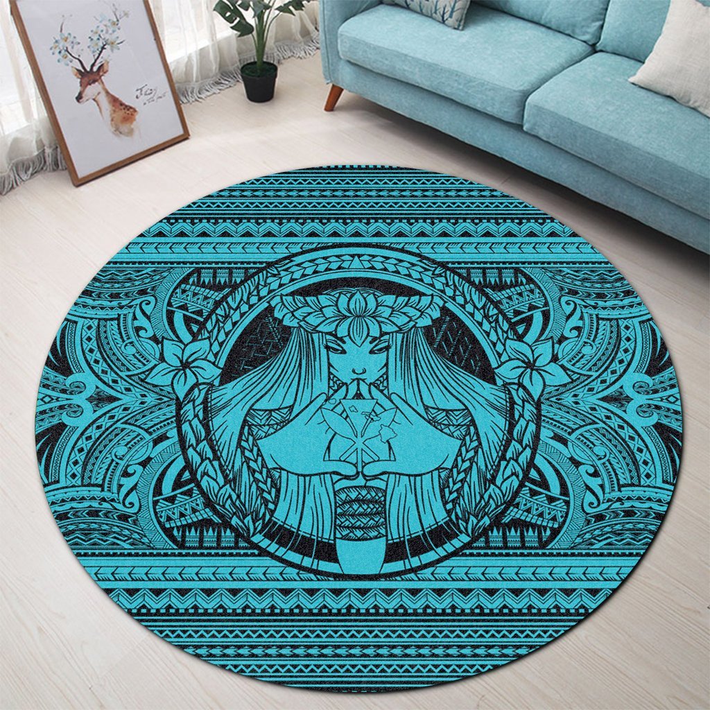 Hawaiian Map Madame Pele Kanaka Plumeria Polynesian Round Carpet Blue AH - Polynesian Pride