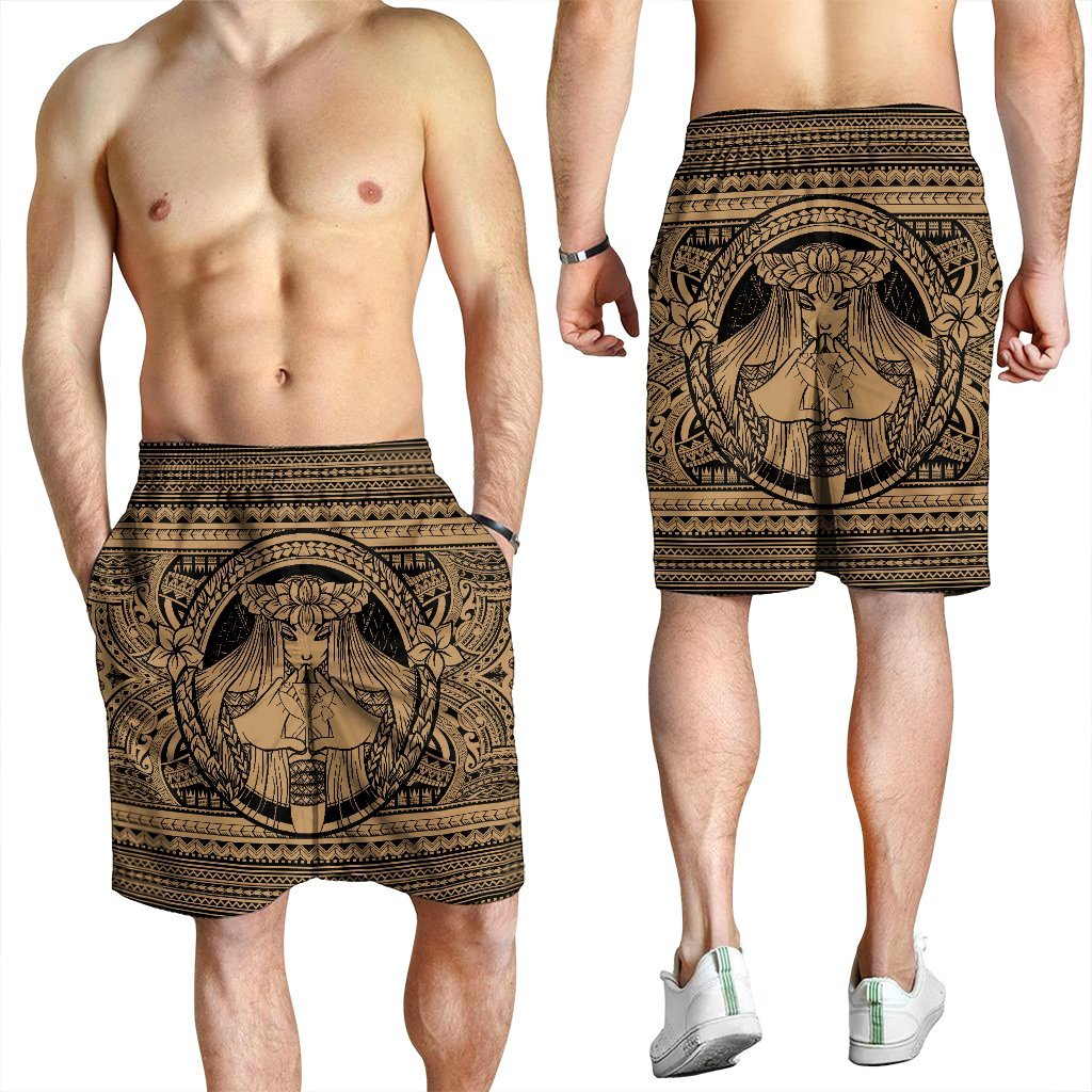 Hawaiian Map Madame Pele Kanaka Plumeria Polynesian Men's Shorts Gold AH - Polynesian Pride
