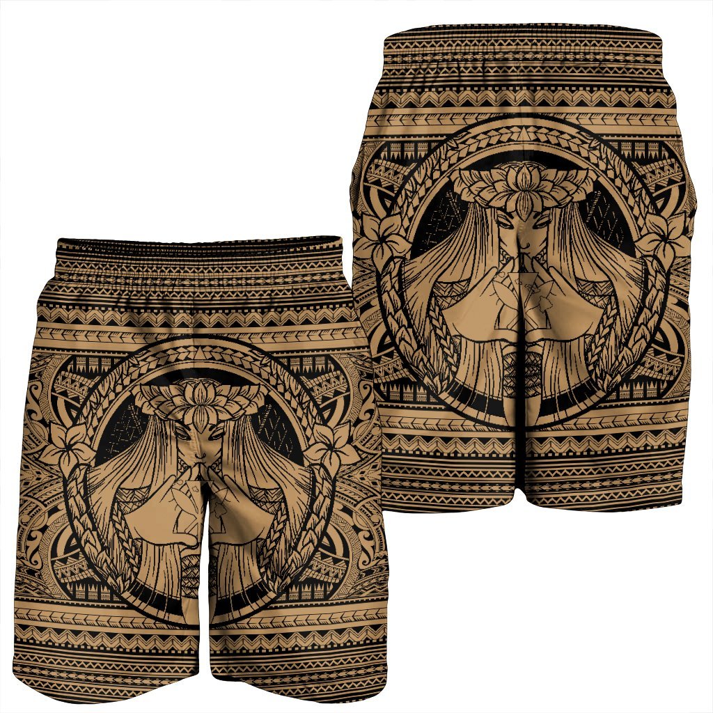 Hawaiian Map Madame Pele Kanaka Plumeria Polynesian Men's Shorts Gold AH - Polynesian Pride