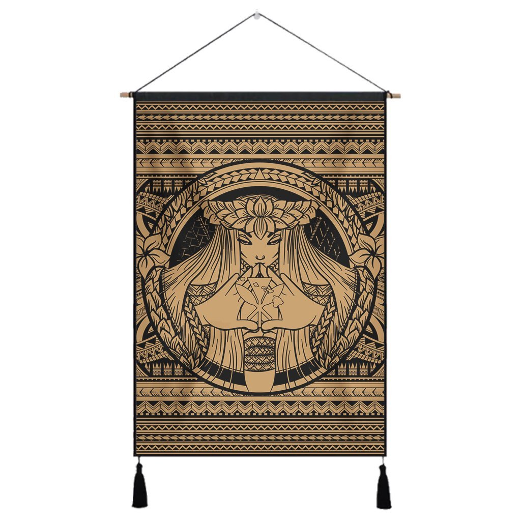 Hawaiian Map Madame Pele Kanaka Plumeria Polynesian Hanging Poster Gold AH Hanging Poster Cotton And Linen - Polynesian Pride