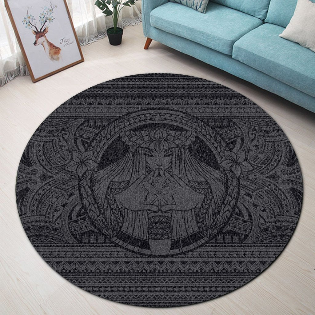 Hawaiian Map Madame Pele Kanaka Plumeria Polynesian Round Carpet Gray AH - Polynesian Pride