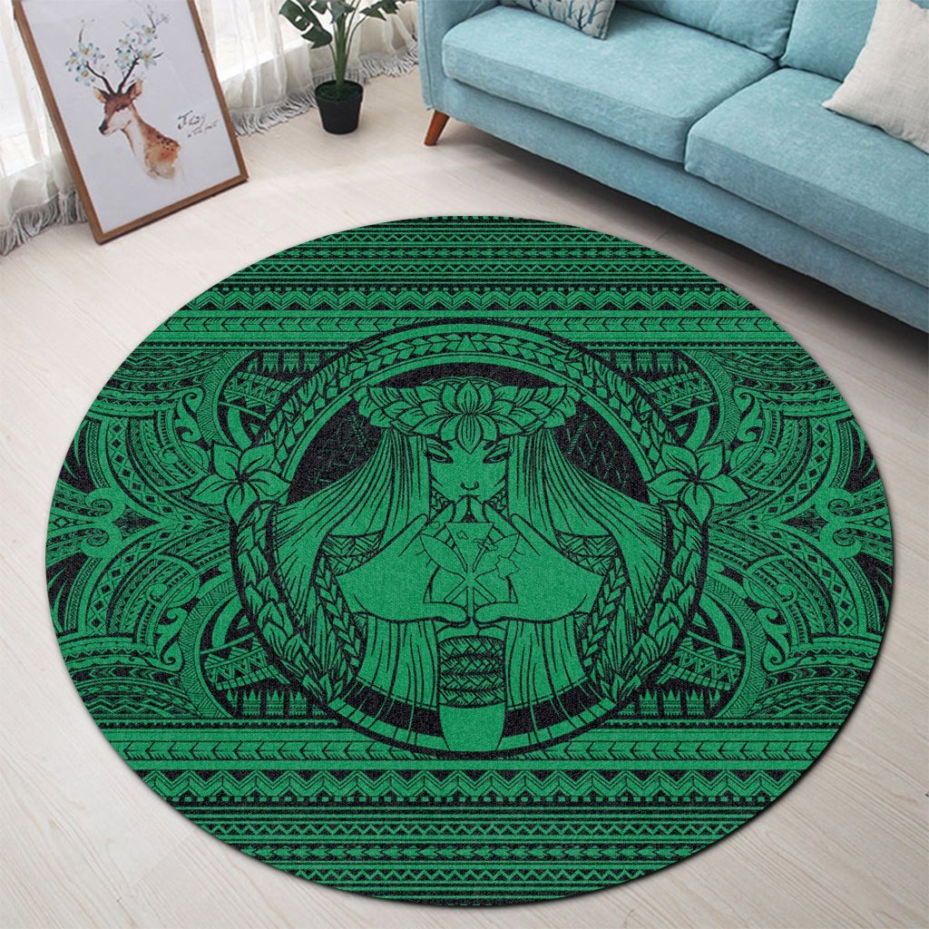 Hawaiian Map Madame Pele Kanaka Plumeria Polynesian Round Carpet Green AH - Polynesian Pride