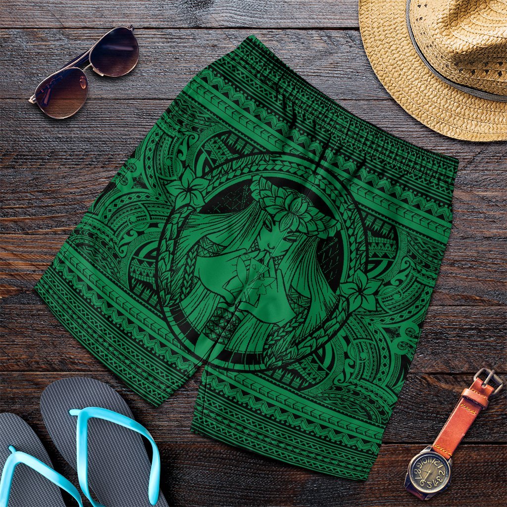 Hawaiian Map Madame Pele Kanaka Plumeria Polynesian Men's Shorts Green AH Art - Polynesian Pride