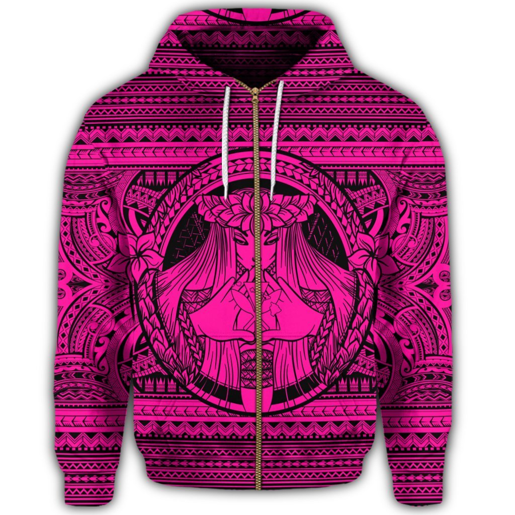 Hawaiian Map Madame Pele Kanaka Plumeria Polynesian Zip Hoodie Pink - Polynesian Pride