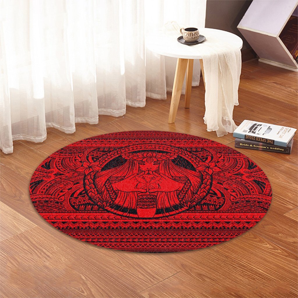 Hawaiian Map Madame Pele Kanaka Plumeria Polynesian Round Carpet Red AH - Polynesian Pride