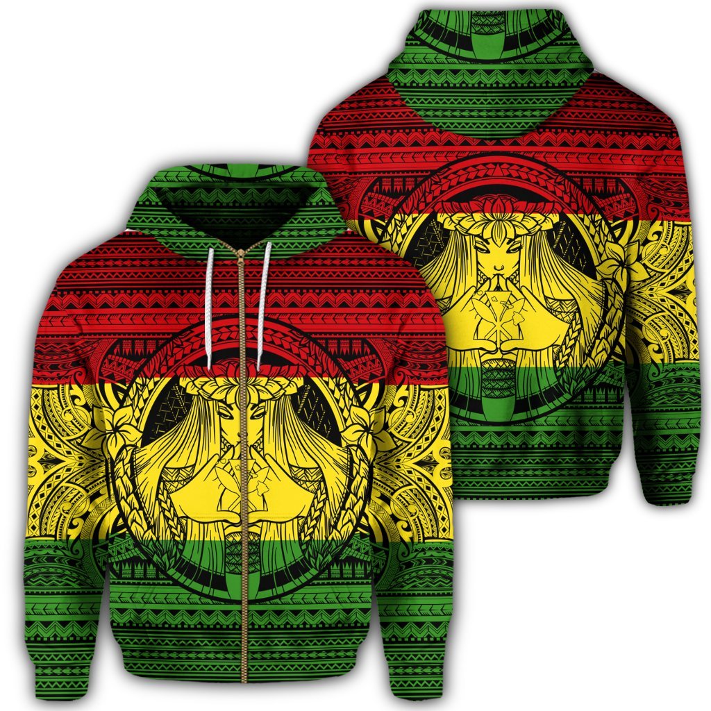 Hawaiian Map Madame Pele Kanaka Plumeria Polynesian Zip Hoodie Reggae Unisex Art - Polynesian Pride