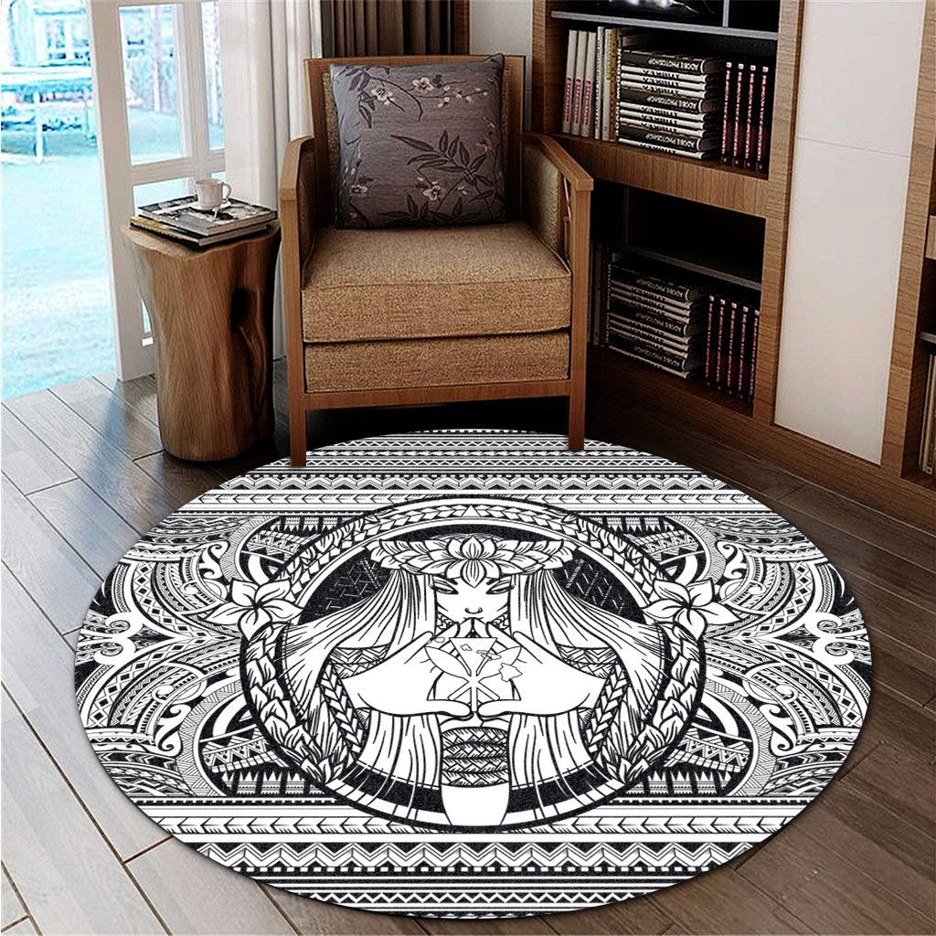 Hawaiian Map Madame Pele Kanaka Plumeria Polynesian Round Carpet White AH - Polynesian Pride