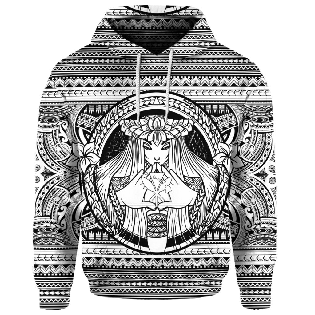 Custom Hawaiian Map Madame Pele Kanaka Plumeria Polynesian Hoodie White - Polynesian Pride