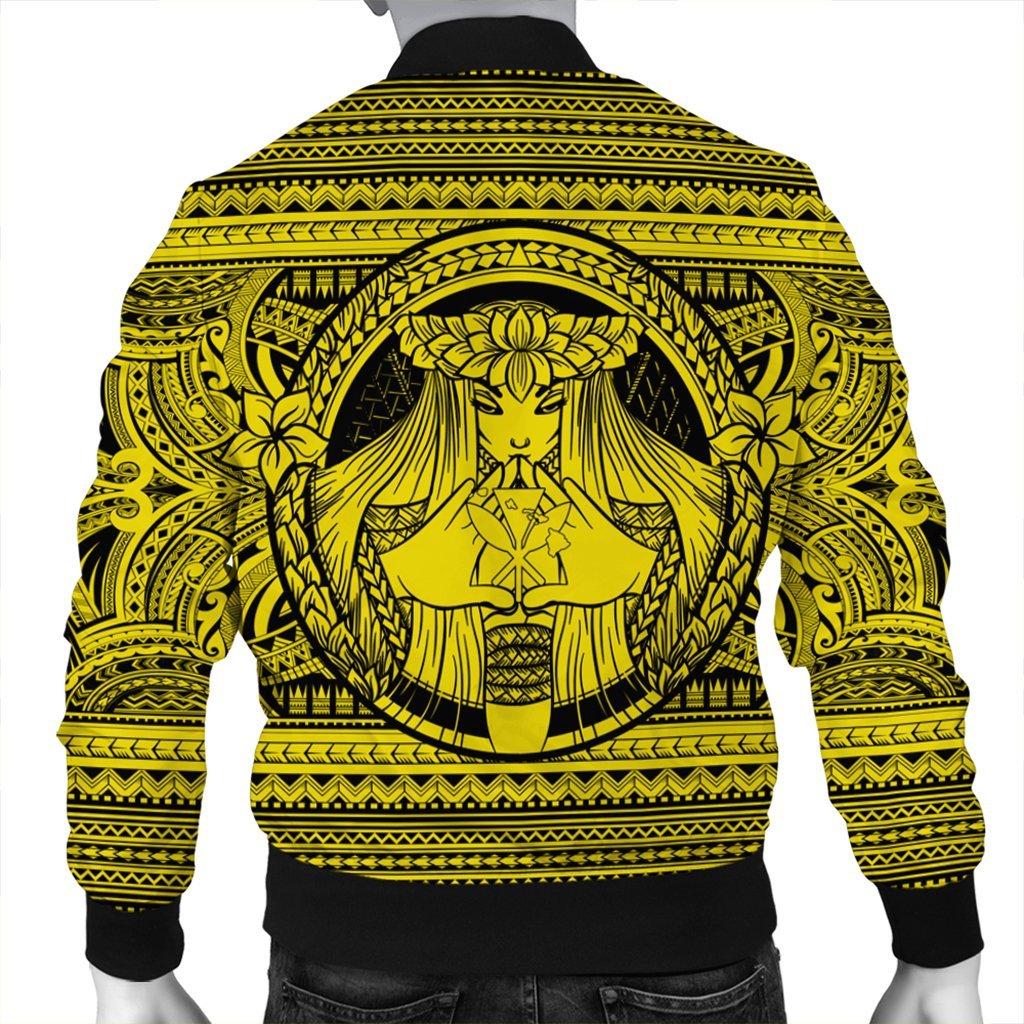 Hawaiian Map Madame Pele Kanaka Plumeria Polynesian Bomber Jacket Yellow AH - Polynesian Pride