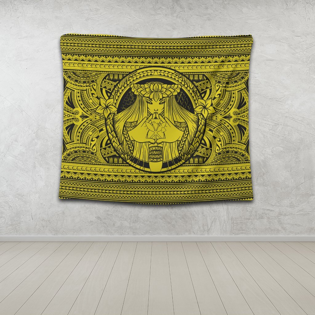 Hawaiian Map Madame Pele Kanaka Plumeria Polynesian Tapestry Yellow AH - Polynesian Pride