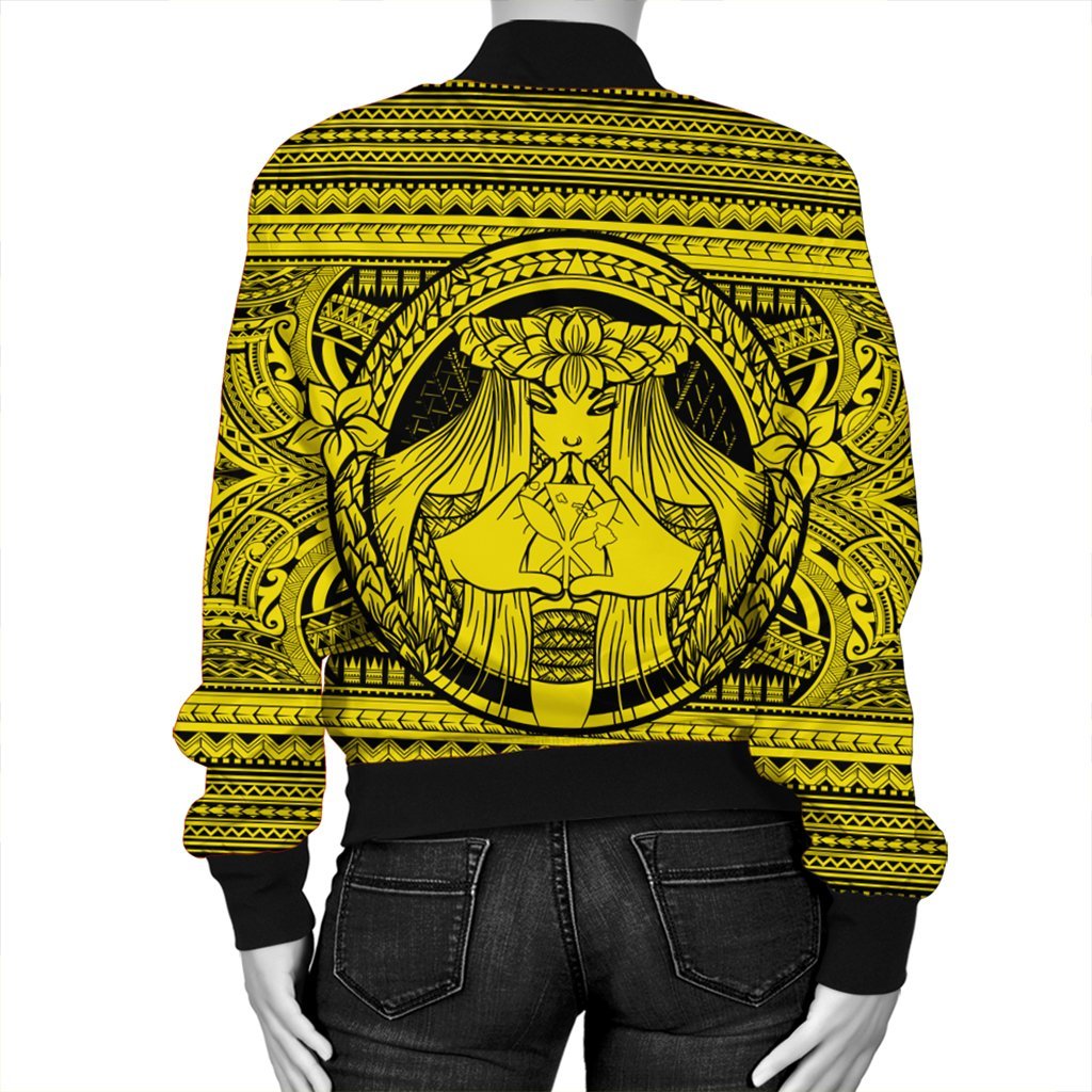 Hawaiian Map Madame Pele Kanaka Plumeria Polynesian Bomber Jacket Yellow AH - Polynesian Pride