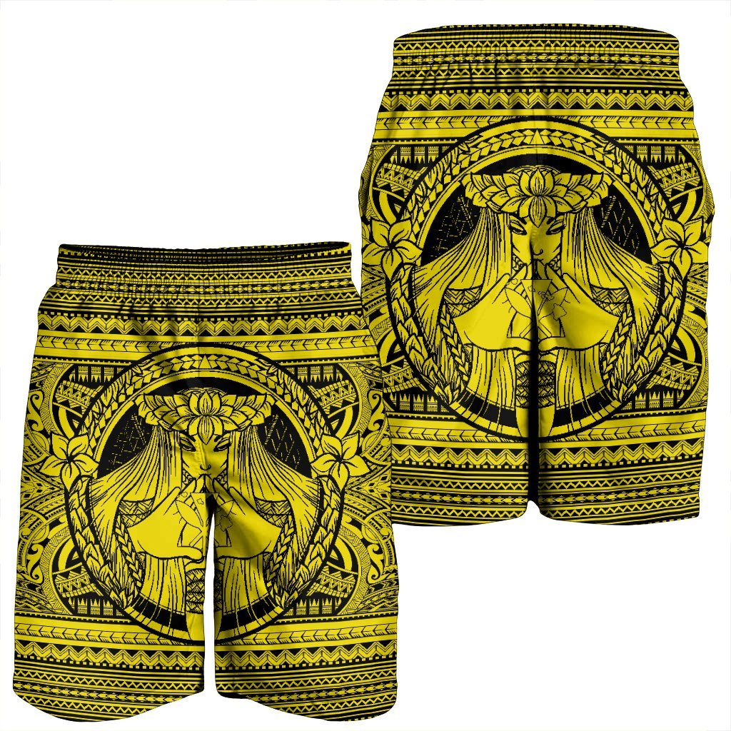 Hawaiian Map Madame Pele Kanaka Plumeria Polynesian Men's Shorts Yellow AH - Polynesian Pride