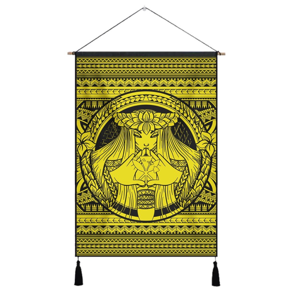 Hawaiian Map Madame Pele Kanaka Plumeria Polynesian Hanging Poster Yellow AH Hanging Poster Cotton And Linen - Polynesian Pride
