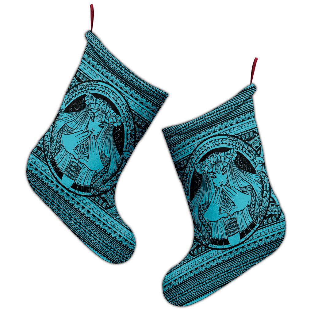 Hawaiian Map Madame Pele Mauna Kea Plumeria Polynesian Christmas Stocking Blue AH - Polynesian Pride