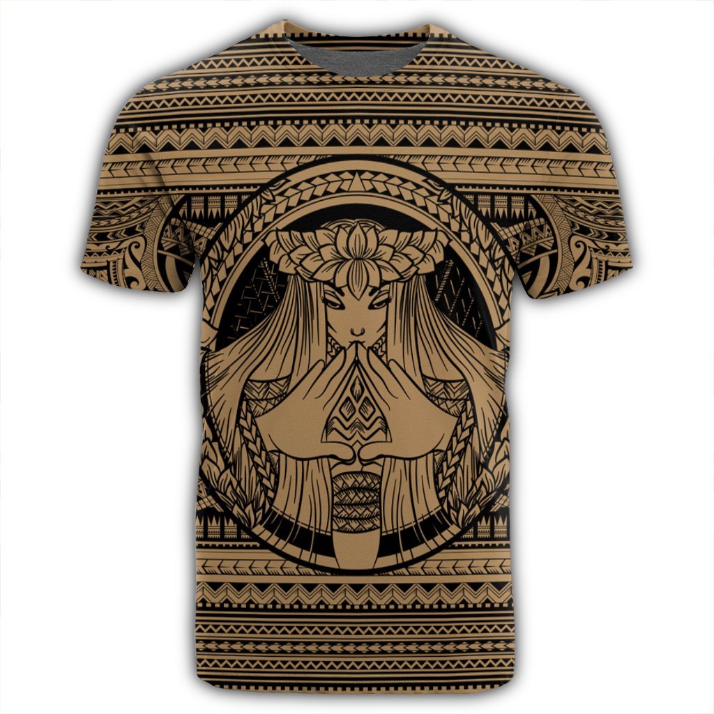 Hawaiian Map Madame Pele Mauna Kea Plumeria Polynesian T Shirt Gold - Polynesian Pride