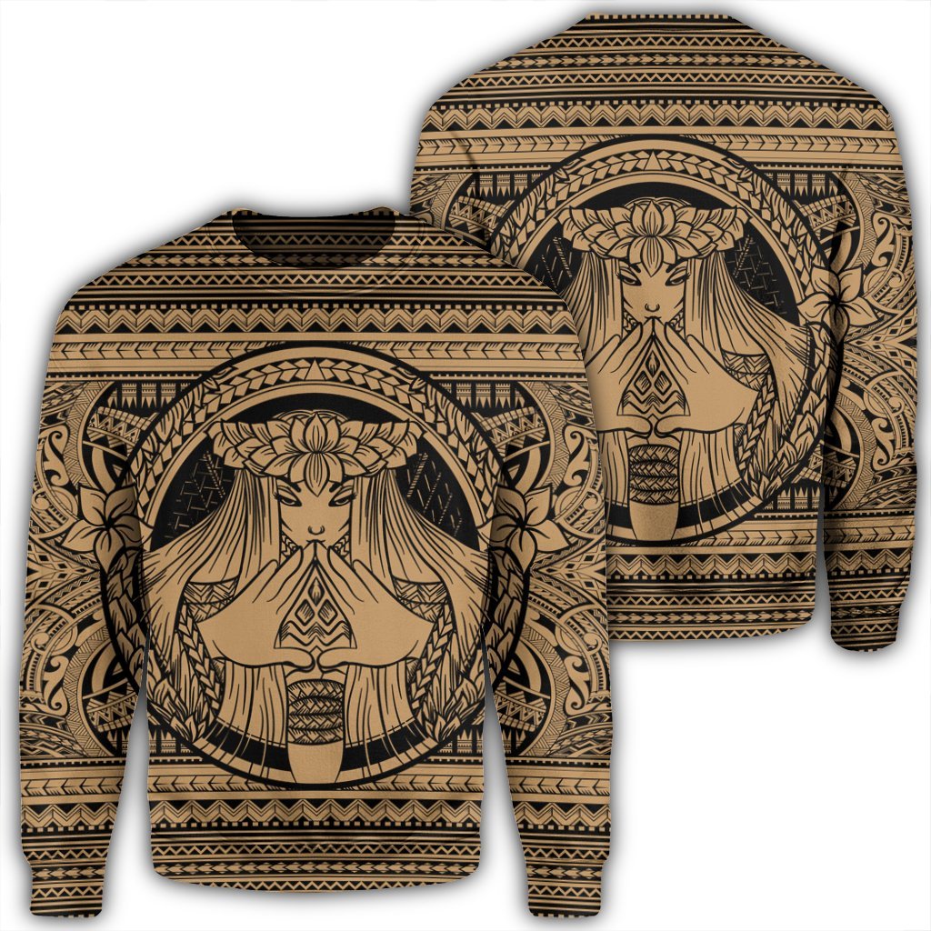 Hawaiian Map Madame Pele Mauna Kea Plumeria Polynesian Sweatshirt Gold AH Unisex Black - Polynesian Pride