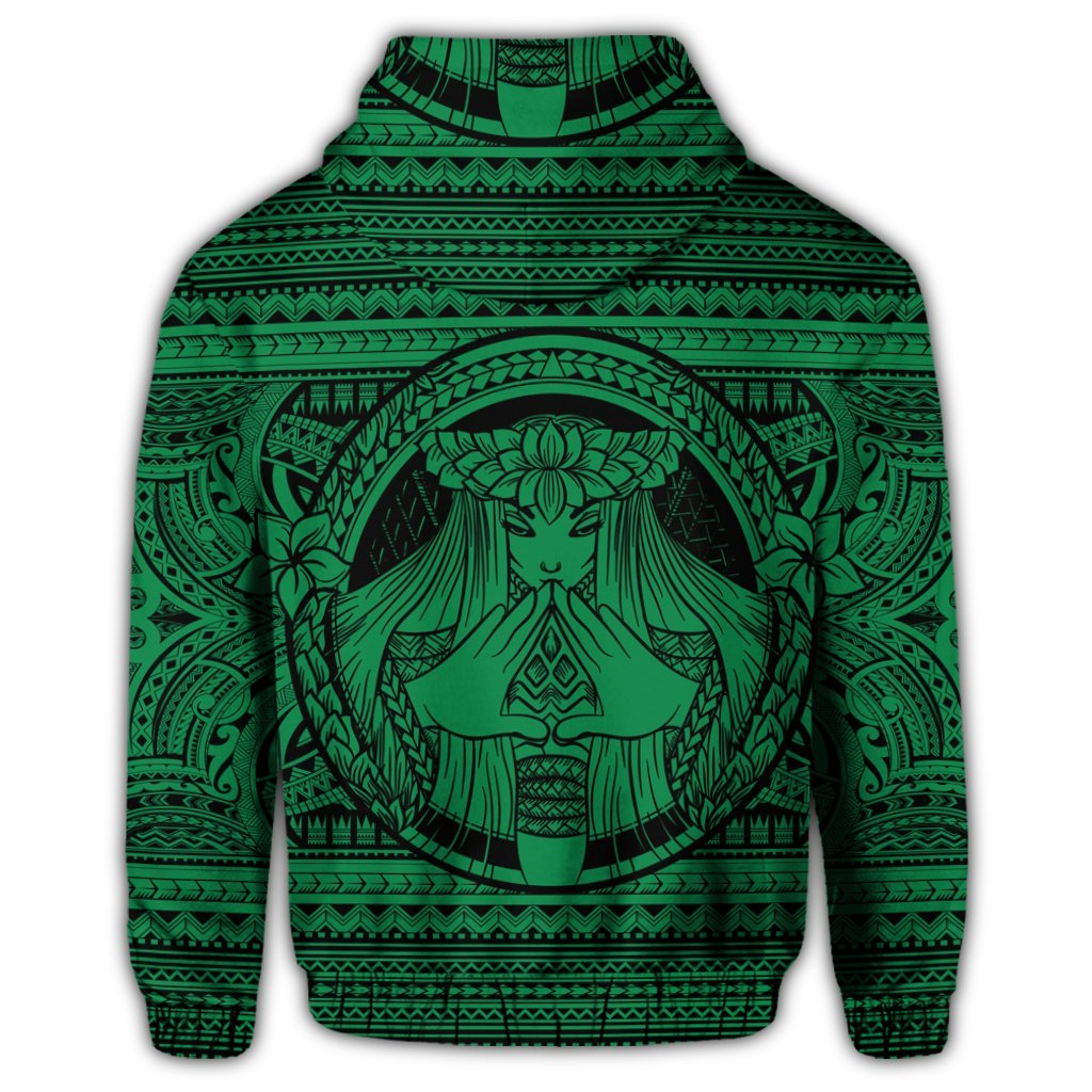 Hawaiian Map Madame Pele Mauna Kea Plumeria Polynesian Zip Hoodie Green - Polynesian Pride