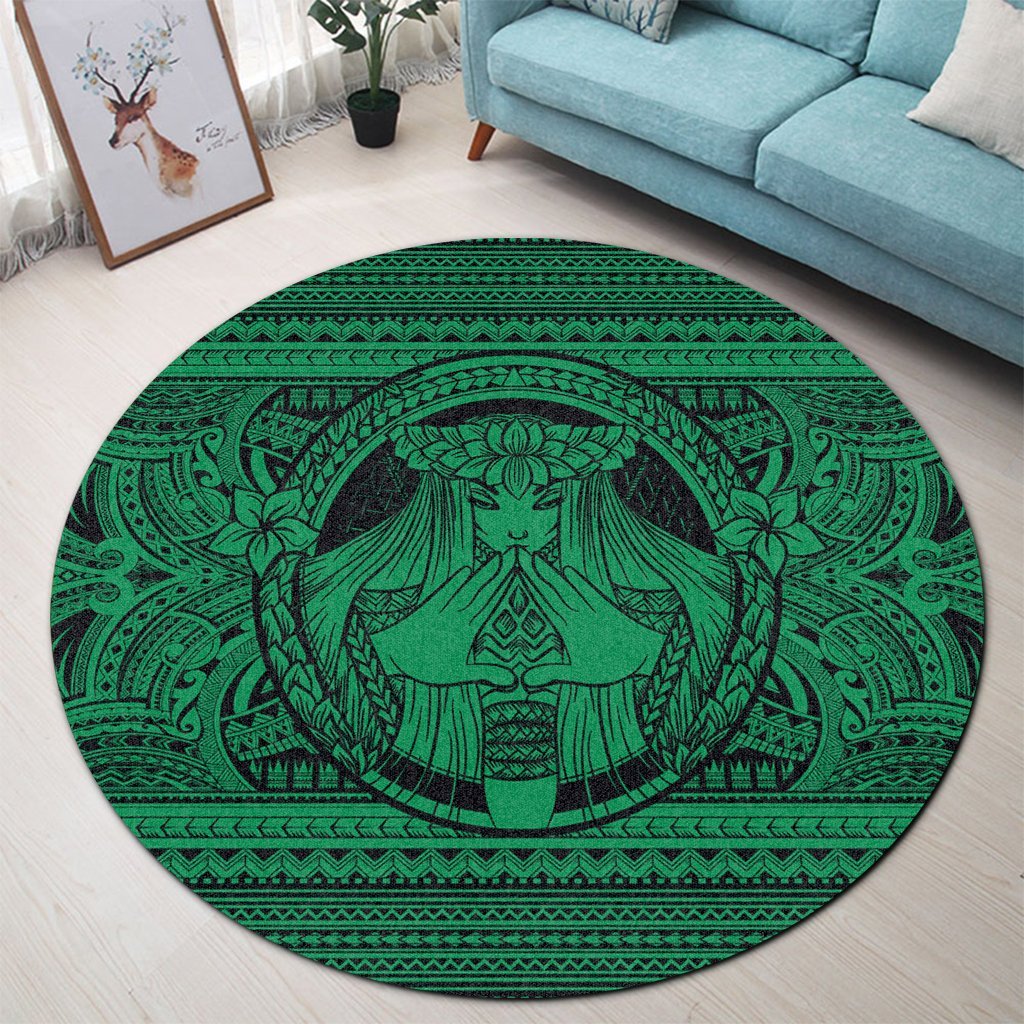Hawaiian Map Madame Pele Mauna Kea Plumeria Polynesian Round Carpet Green AH - Polynesian Pride