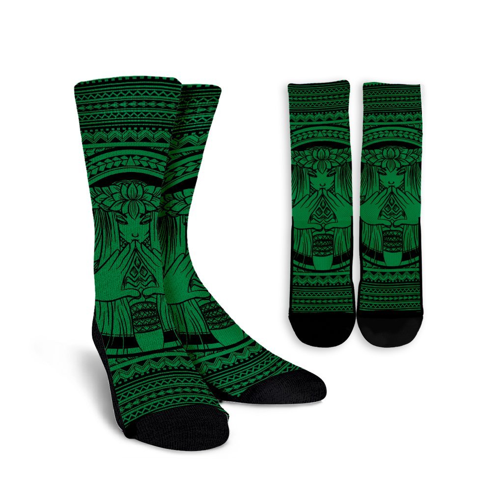 Hawaiian Map Madame Pele Mauna Kea Plumeria Polynesian Crew Socks Green AH Crew Socks White - Polynesian Pride