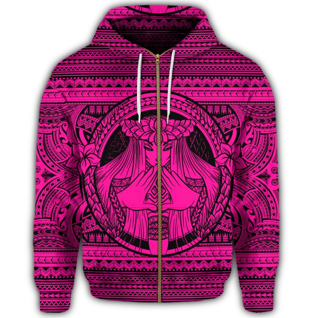 Hawaiian Map Madame Pele Mauna Kea Plumeria Polynesian Zip Hoodie Pink - Polynesian Pride