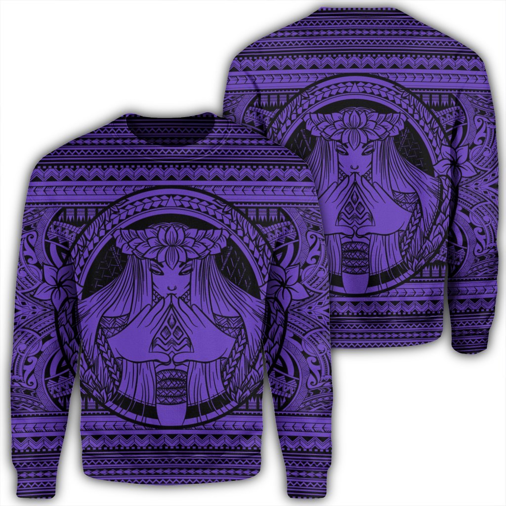Hawaiian Map Madame Pele Mauna Kea Plumeria Polynesian Sweatshirt Purple AH Unisex Black - Polynesian Pride