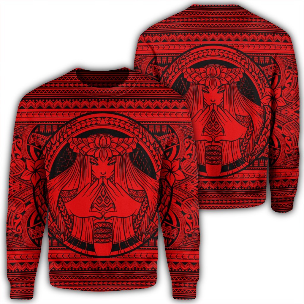 Hawaiian Map Madame Pele Mauna Kea Plumeria Polynesian Sweatshirt Red AH Unisex Black - Polynesian Pride