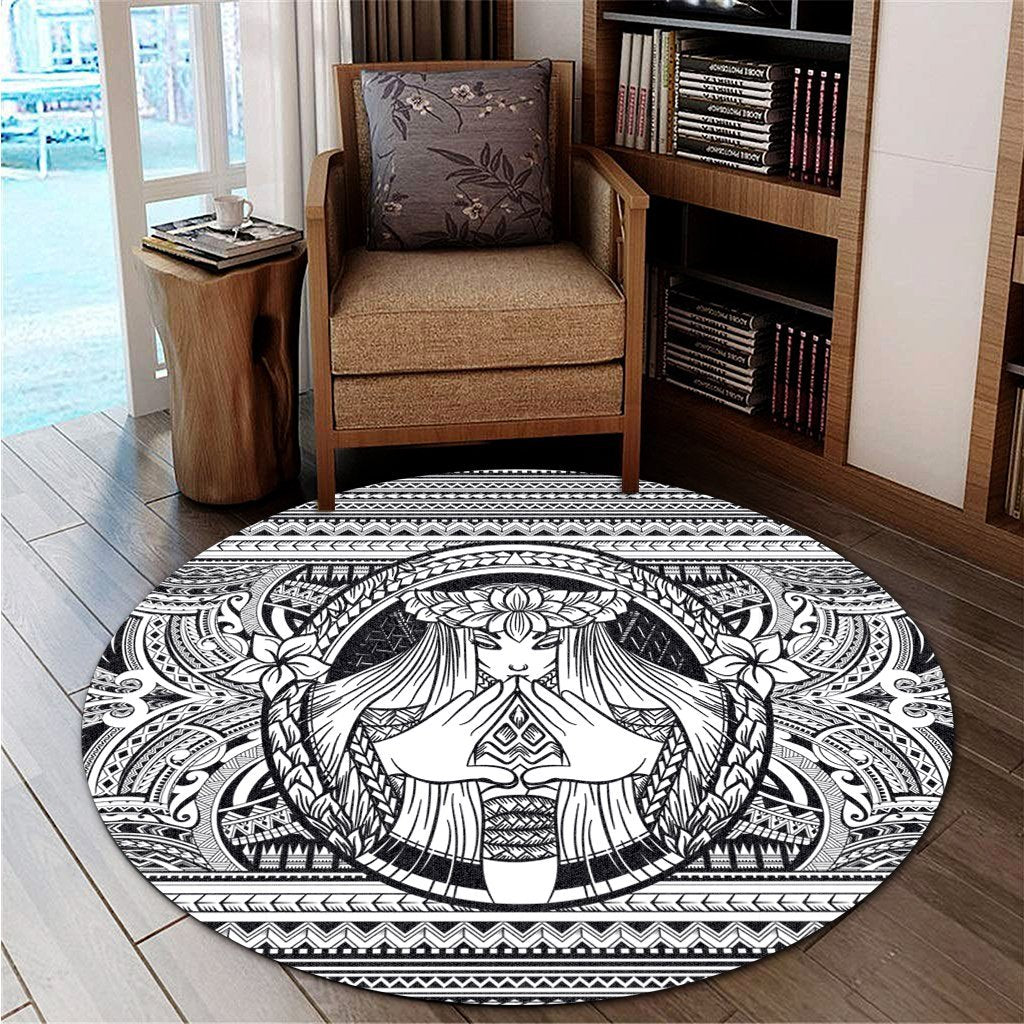 Hawaiian Map Madame Pele Mauna Kea Plumeria Polynesian Round Carpet White AH - Polynesian Pride
