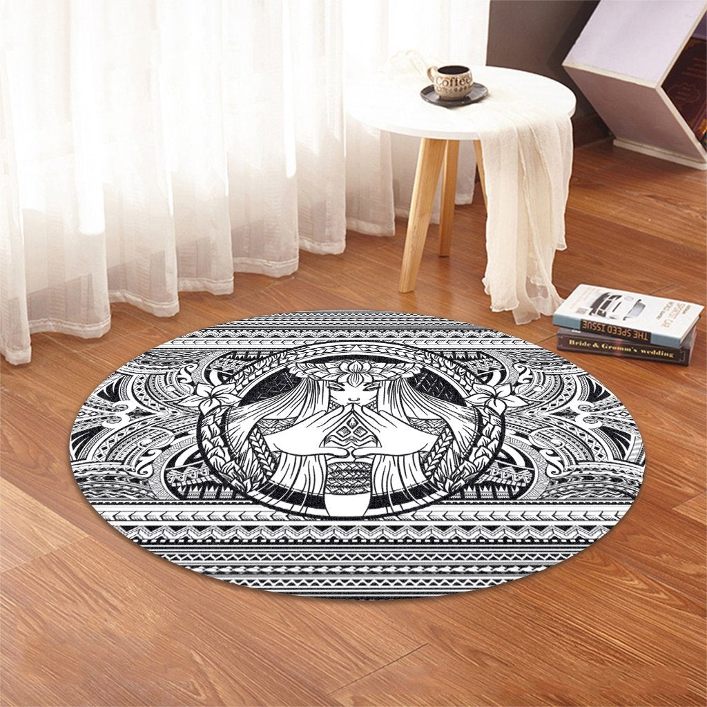 Hawaiian Map Madame Pele Mauna Kea Plumeria Polynesian Round Carpet White AH - Polynesian Pride