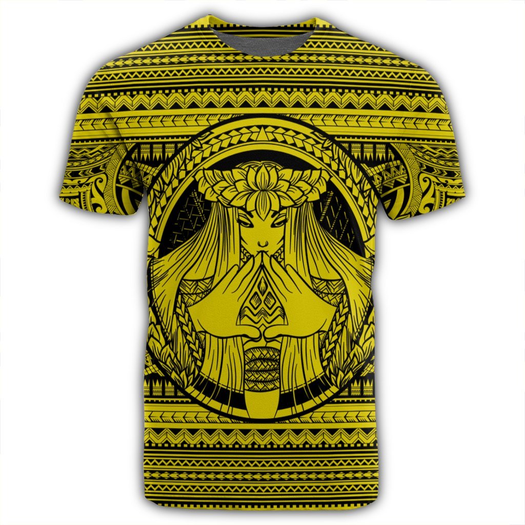 Hawaiian Map Madame Pele Mauna Kea Plumeria Polynesian T Shirt Yellow - Polynesian Pride