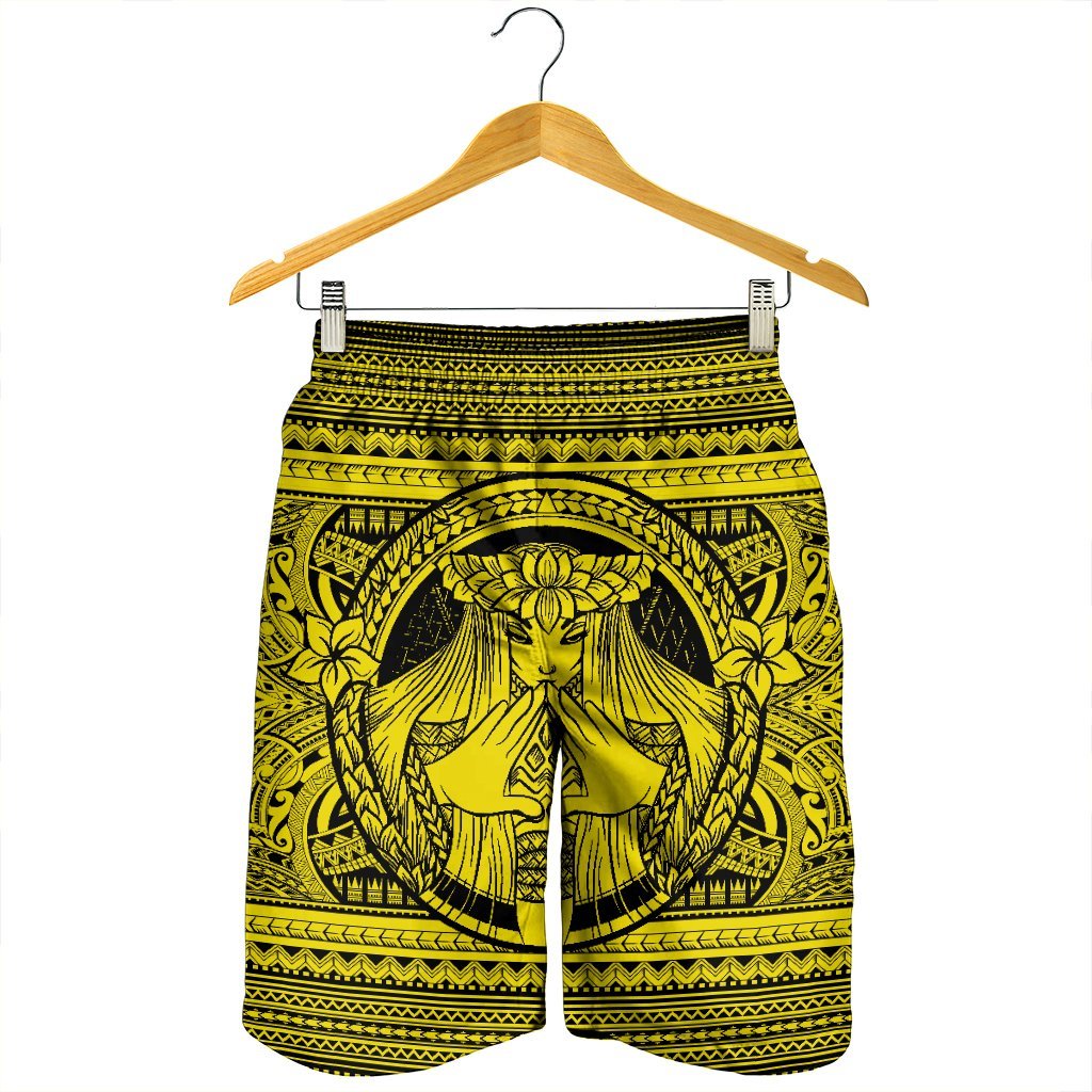 Hawaiian Map Madame Pele Mauna Kea Plumeria Polynesian Men's Shorts Yellow AH - Polynesian Pride