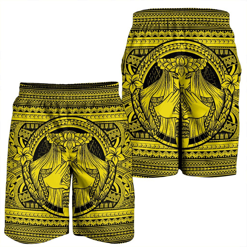 Hawaiian Map Madame Pele Mauna Kea Plumeria Polynesian Men's Shorts Yellow AH - Polynesian Pride