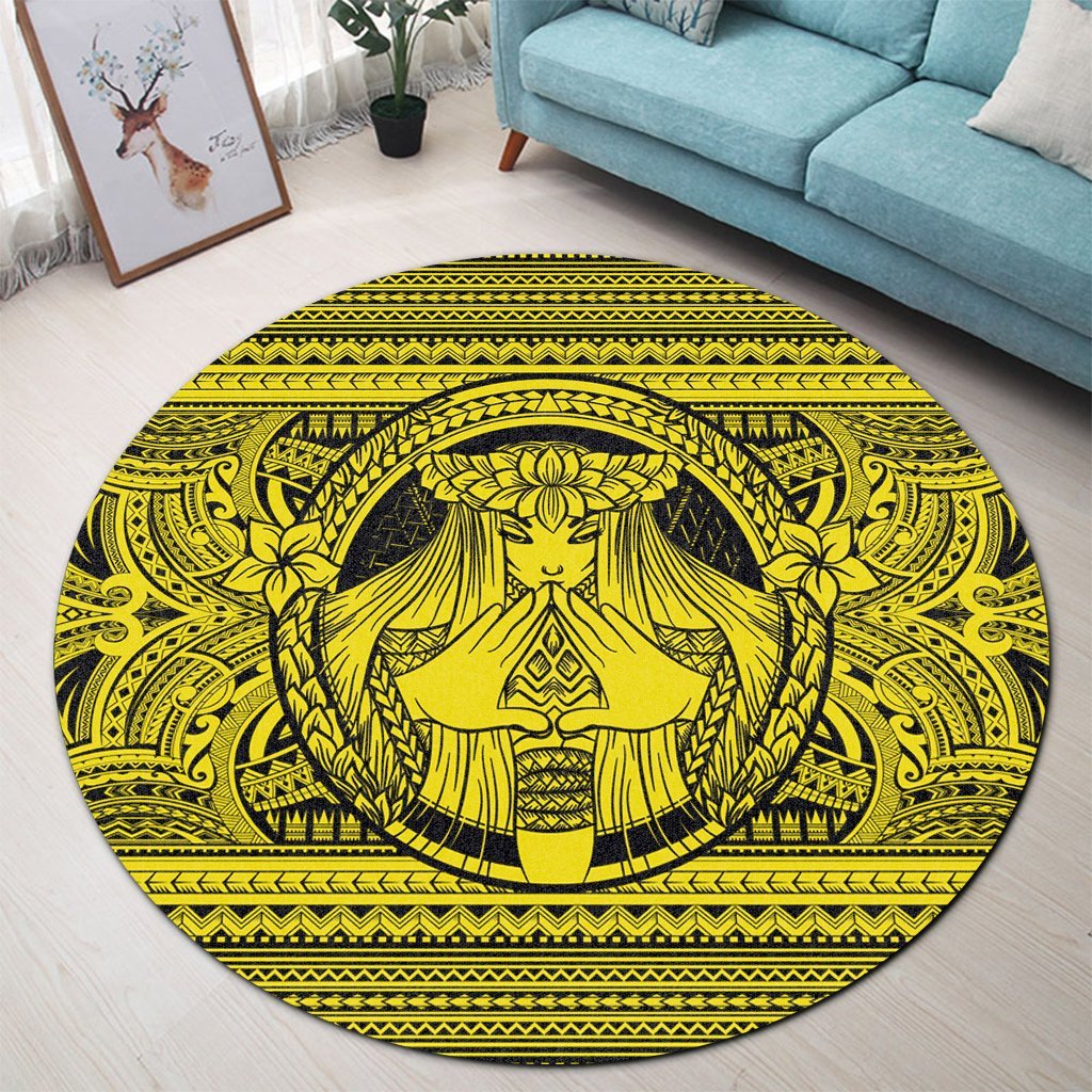Hawaiian Map Madame Pele Mauna Kea Plumeria Polynesian Round Carpet Yellow AH - Polynesian Pride