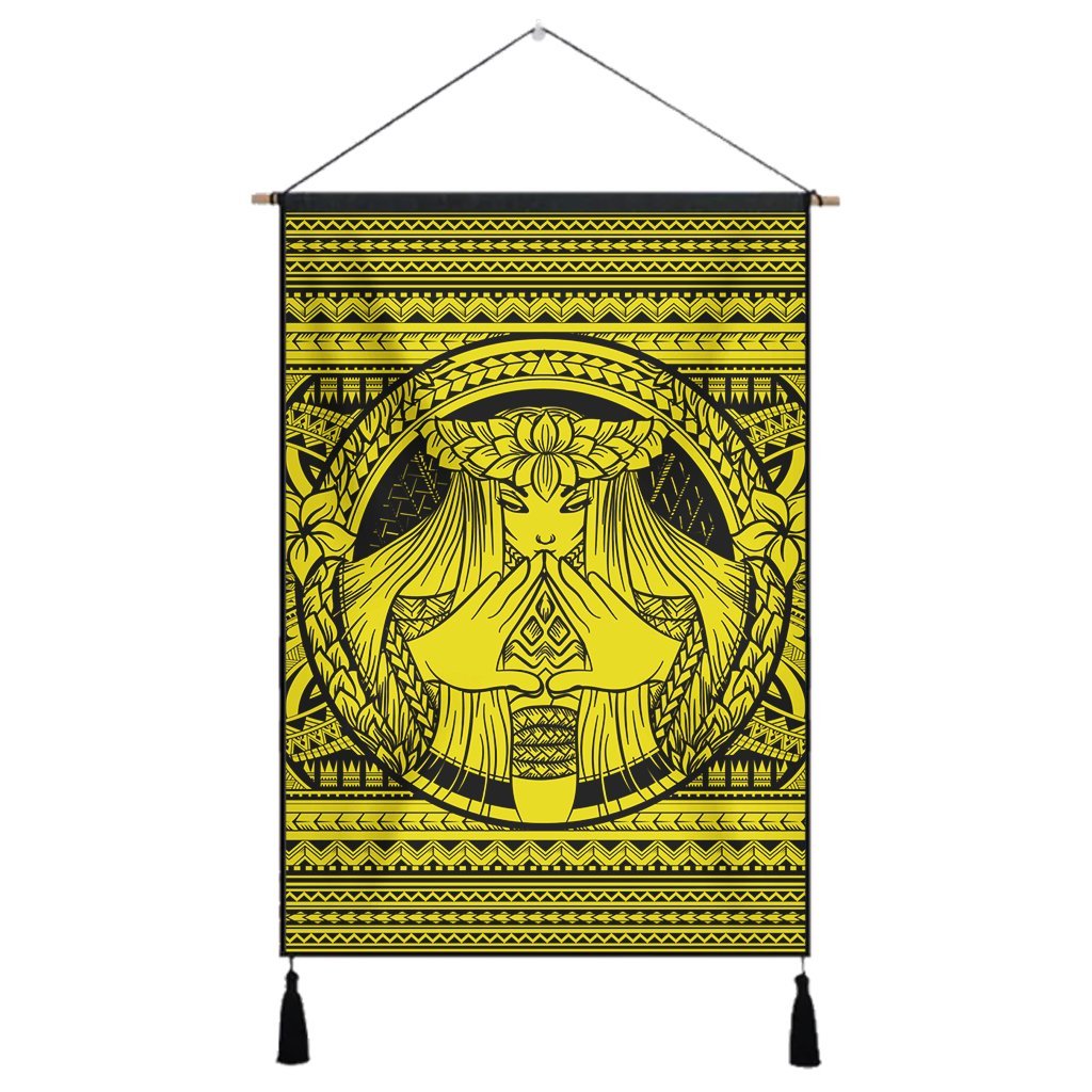 Hawaiian Map Madame Pele Mauna Kea Plumeria Polynesian Hanging Poster Yellow AH Hanging Poster Cotton And Linen - Polynesian Pride
