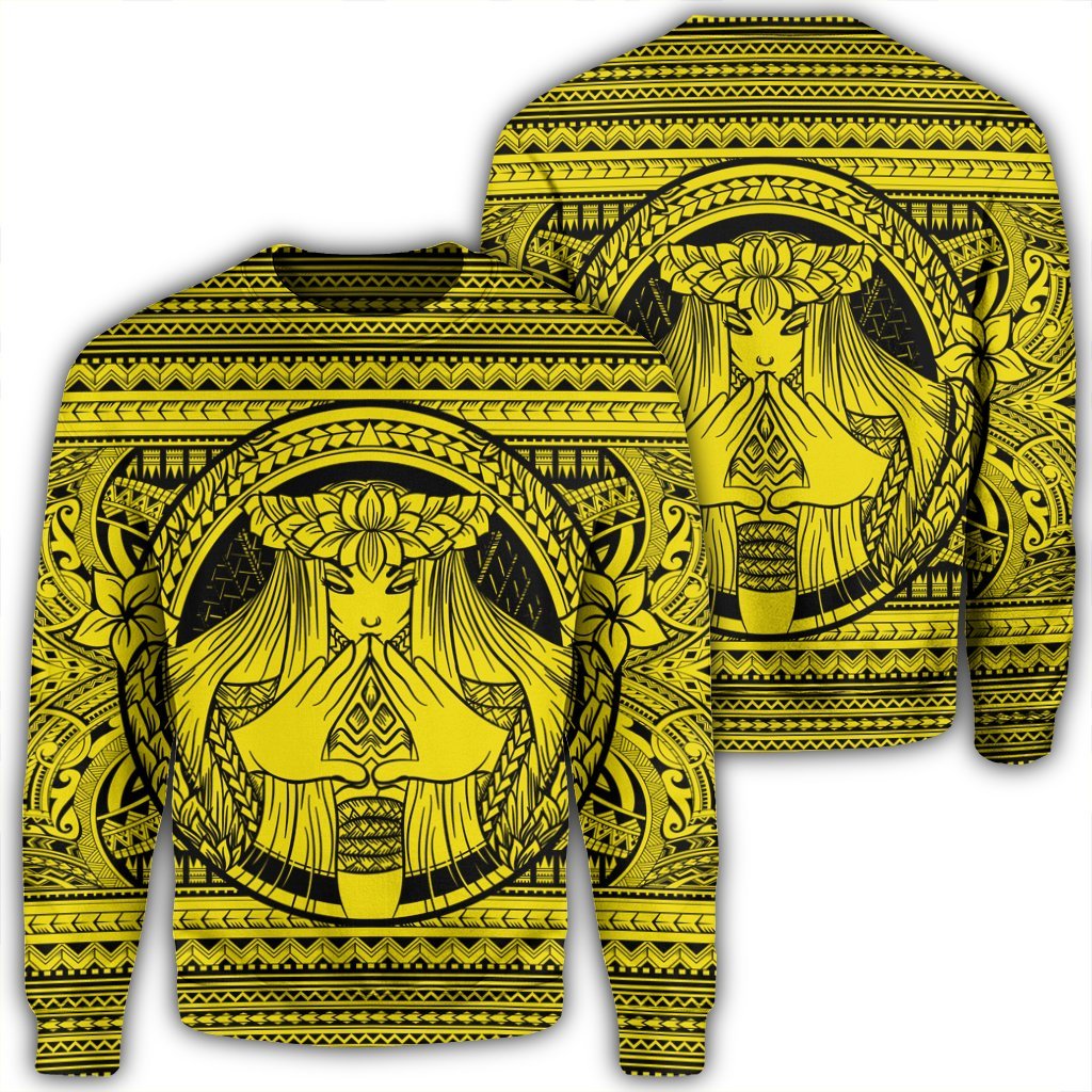 Hawaiian Map Madame Pele Mauna Kea Plumeria Polynesian Sweatshirt Yellow AH Unisex Black - Polynesian Pride