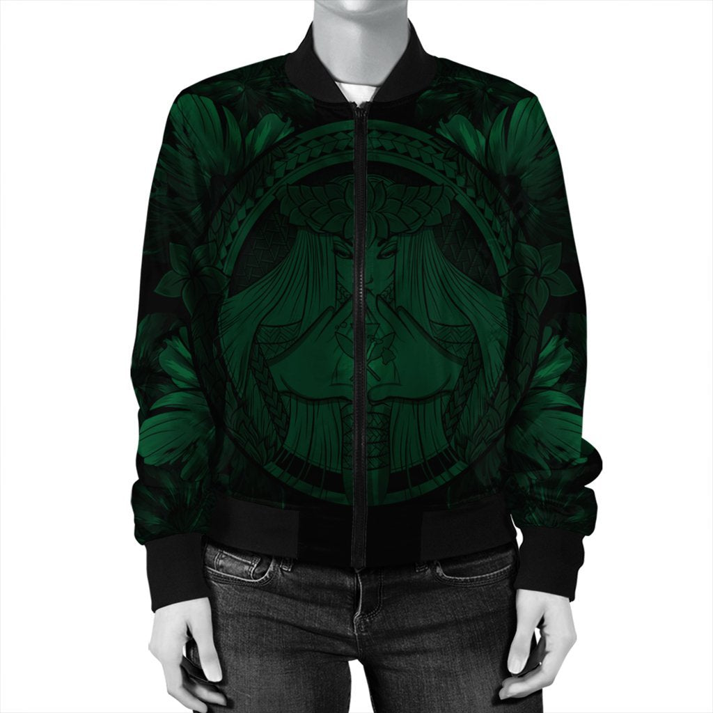 Hawaiian Map Madame Pele Polynesian Bomber Jacket Green AH - Polynesian Pride