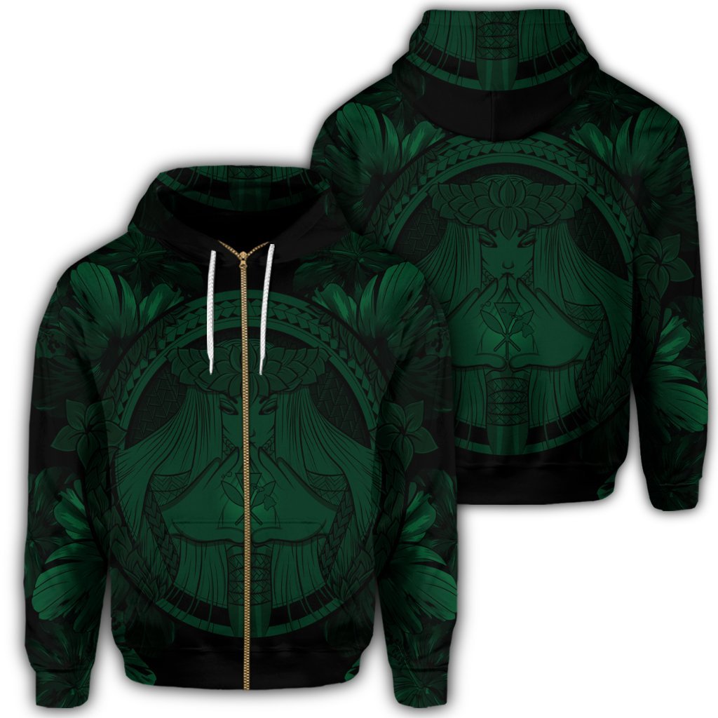 Hawaiian Map Madame Pele Polynesian Zip Hoodie Green Unisex Art - Polynesian Pride