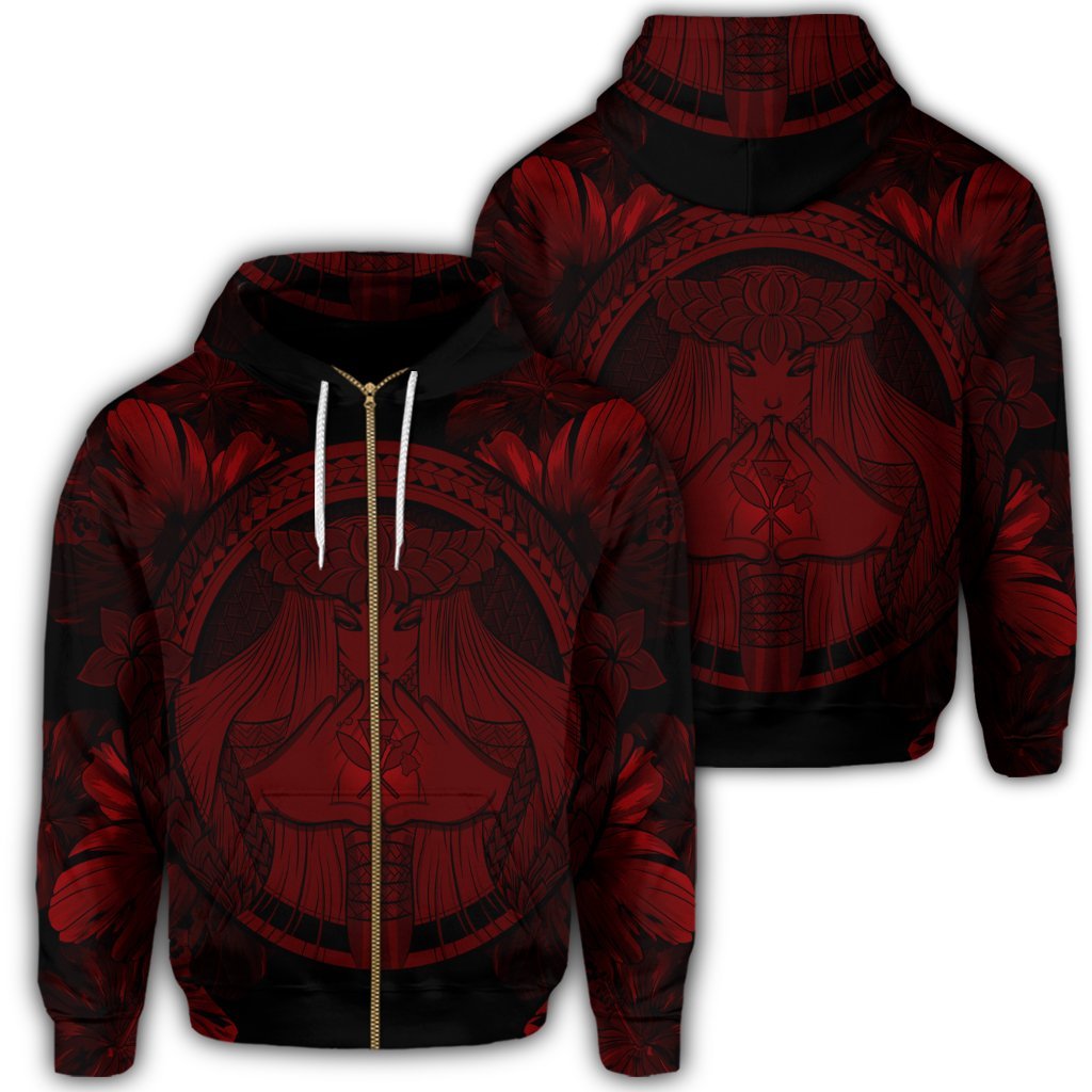 Hawaiian Map Madame Pele Polynesian Zip Hoodie Red Unisex Art - Polynesian Pride