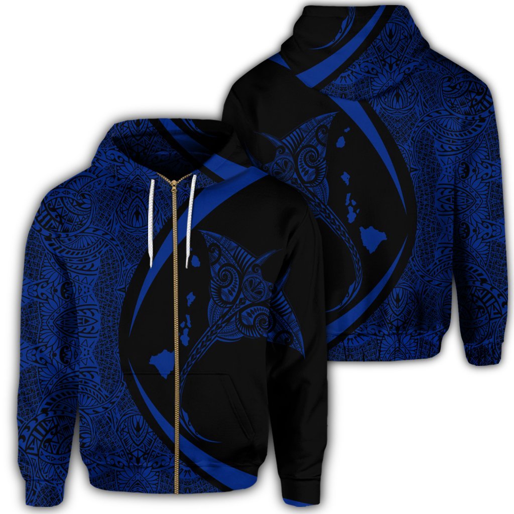 Hawaiian Map Manta Ray Blue Polynesian Zip Hoodie Unisex Art - Polynesian Pride