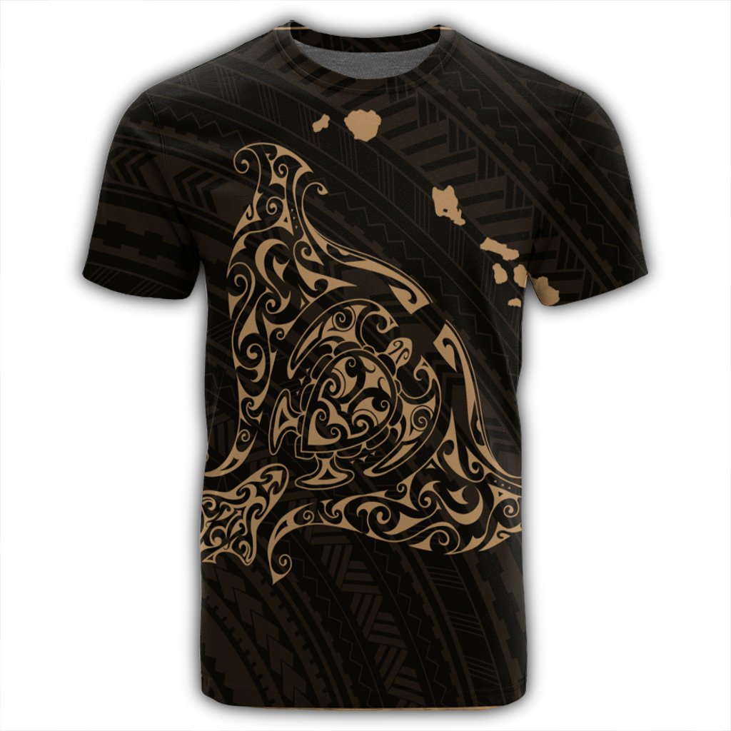 Hawaiian Map Manta Ray Gold Polynesian T Shirt - Polynesian Pride