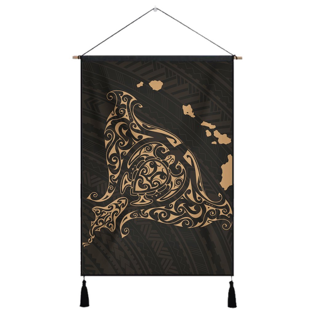 Hawaiian Map Manta Ray Gold Polynesian Hanging Poster - AH Hanging Poster Cotton And Linen - Polynesian Pride