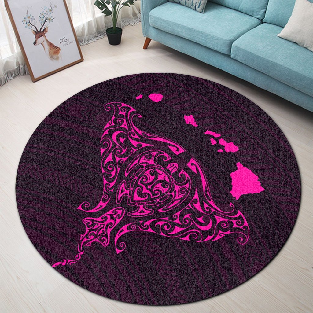 Hawaiian Map Manta Ray Pink Polynesian Round Carpet - AH - Polynesian Pride