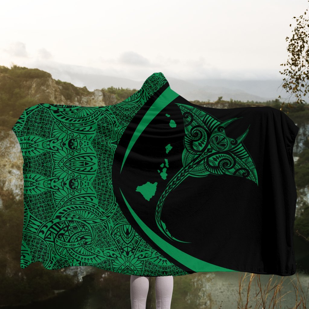 Hawaiian Map Manta Ray Polynesian Hooded Blanket - Green - Circle Style - AH - Polynesian Pride