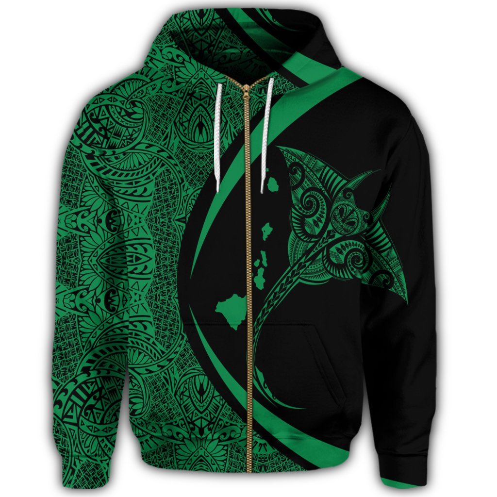 Hawaiian Map Manta Ray Polynesian Zip Hoodie Green Circle Style - Polynesian Pride