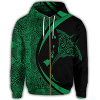 Hawaiian Map Manta Ray Polynesian Zip Hoodie Green Circle Style - Polynesian Pride