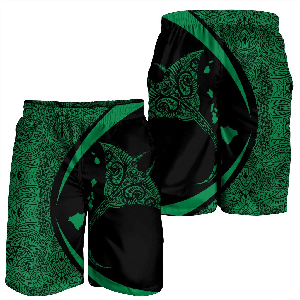 Hawaiian Map Manta Ray Polynesian Men's Shorts - Green - Circle Style - AH - Polynesian Pride